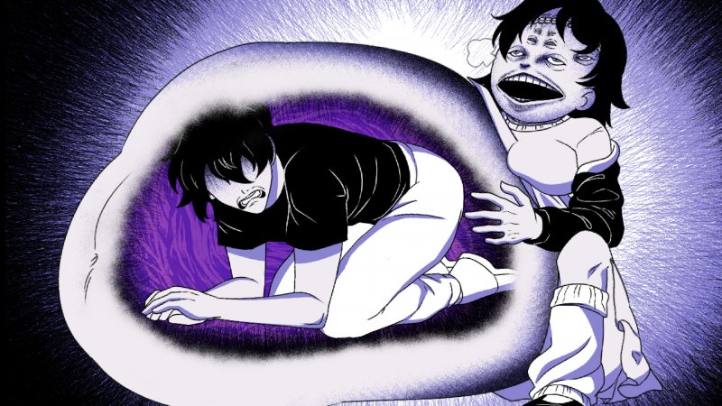 Manga panel from Anomalous Coffee Machine 2 with two characters in a surreal purple-lit scene