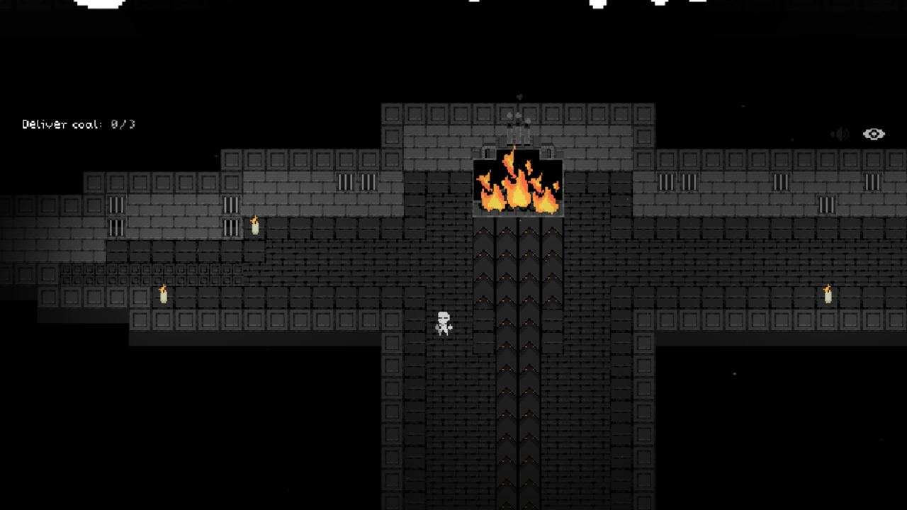 Top-down dungeon room in Cobb Can Move with a small white figure below a burning furnace