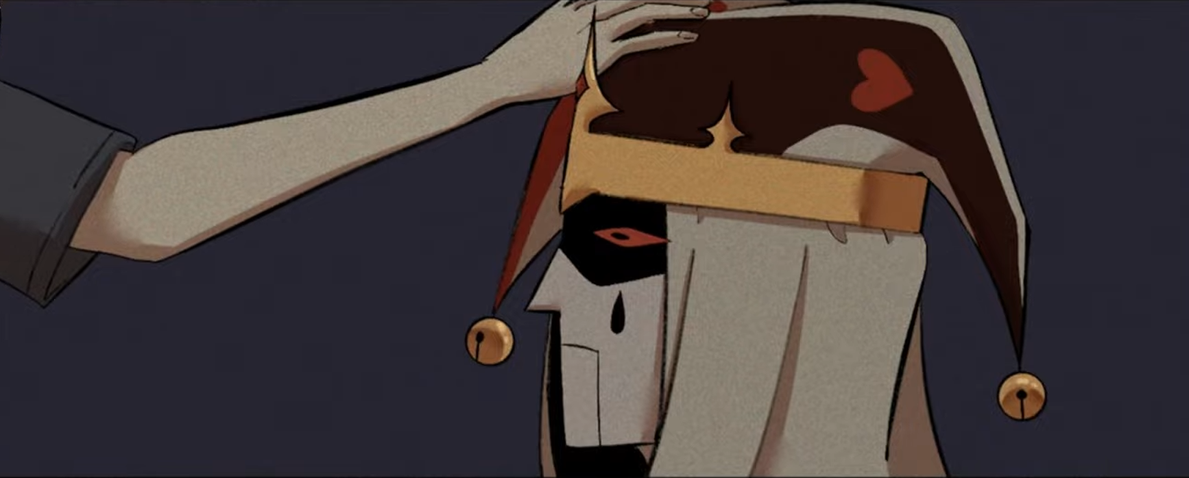 Jestyn the jester with a half-painted smile and a small crown - Kingdom of Marionettes key art