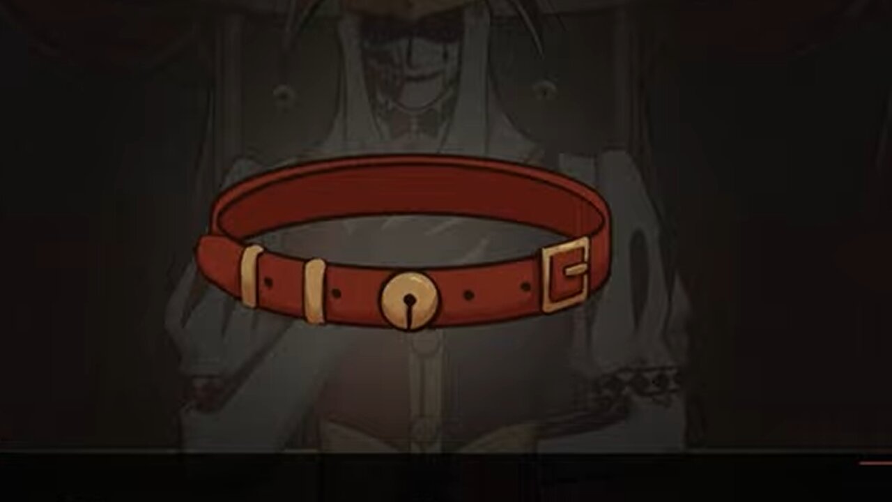 A red leather collar with a gold bell in the foreground with a blurred eerie female figure behind it - Kingdom of Marionettes