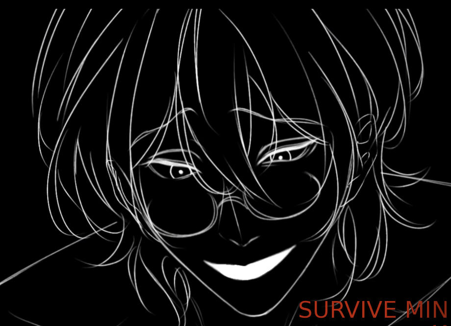 Survive Min key art - Min's white-on-black sketch face with the title in red